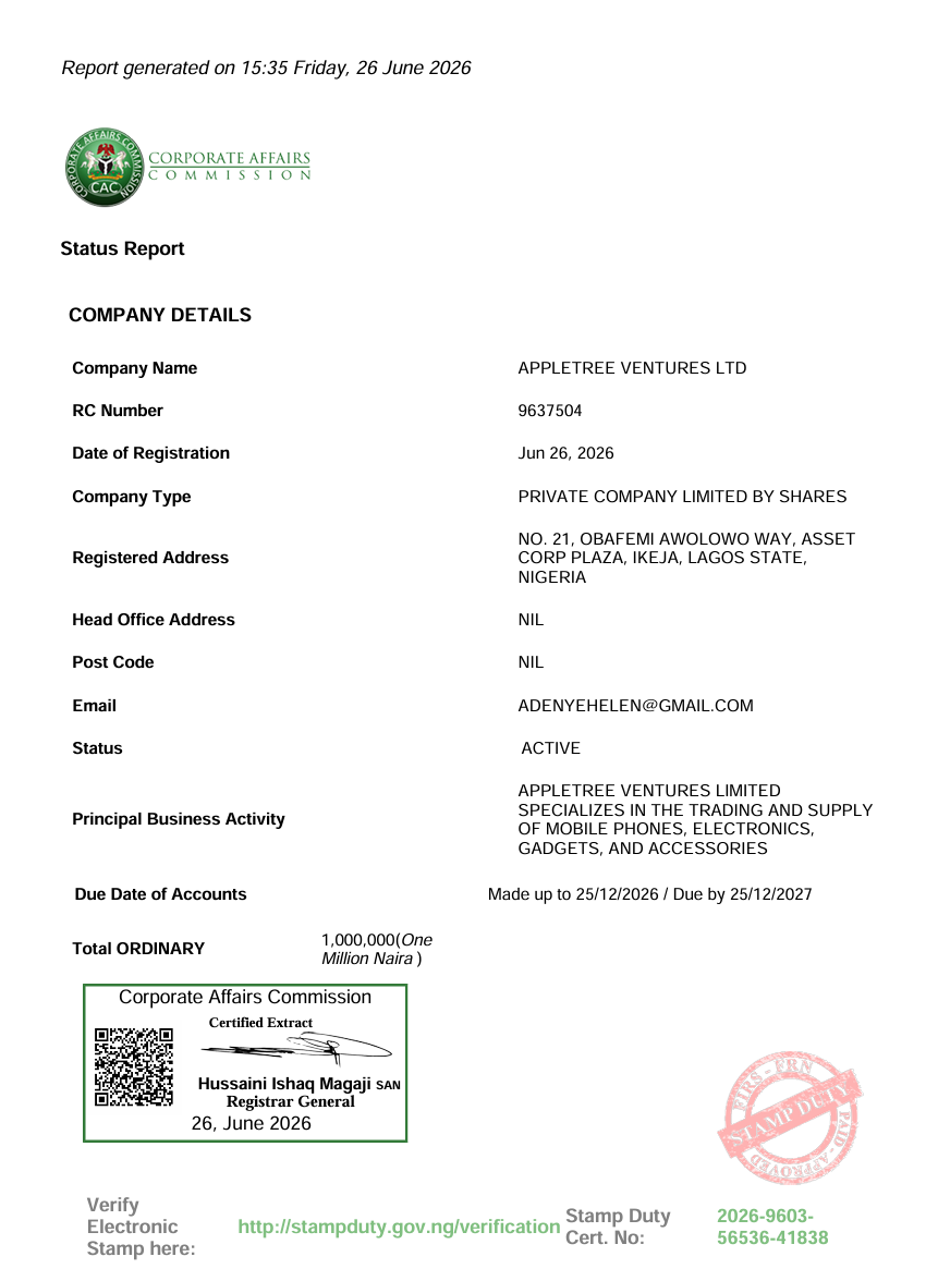 AppleTree Ventures Ltd CAC status report