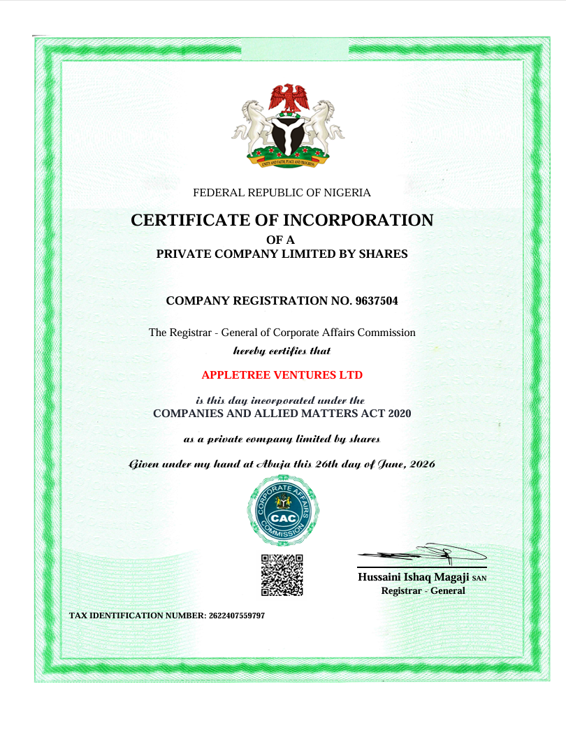 AppleTree Ventures Ltd certificate of incorporation